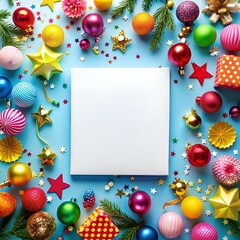 A colorful and festive Christmas background featuring a blank white canvas surrounded by ornaments. confetti. and evergreen branches.