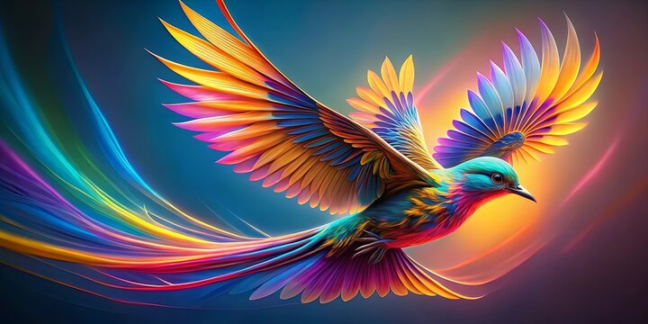 Colorful abstract bird in fractal style soaring with dynamic movement