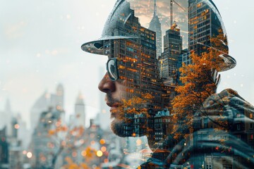 Double exposure Safety Gear Equipment Close-up of construction workers wearing safety gear
