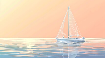Fototapeta premium A white line drawing of a sailboat on calm waters, set against a gradient background that fades from soft peach to deep blue, evoking a peaceful maritime scene. 8k UHD, suitable for high-quality 
