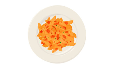 Penne pasta with tomato sauce. Hand drawn vector illustration. Top view.