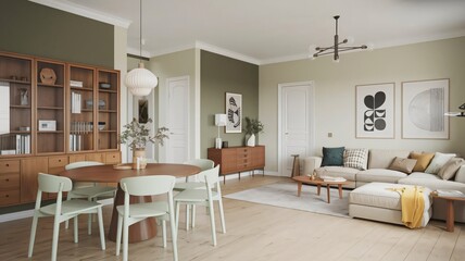 Fototapeta premium Modern Living Room Interior Design with Green Walls Wooden Furniture and Geometric Art