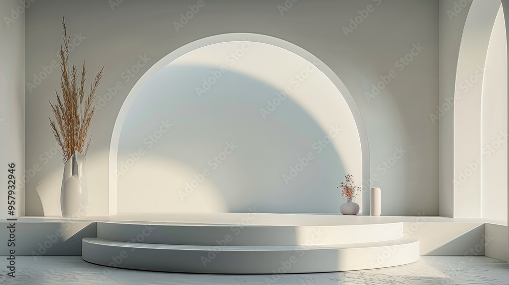 Poster Minimalist 3D scene with a circular podium, simple lines, and a monochromatic color palette. Generative AI.