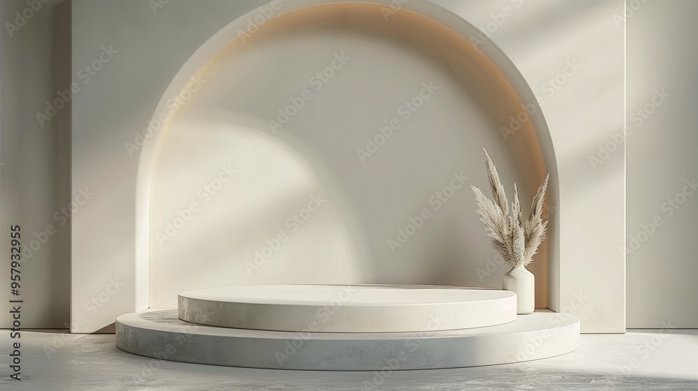 Aufkleber minimalist 3d scene with a circular podium, simple lines, and a monochromatic color palette. generat