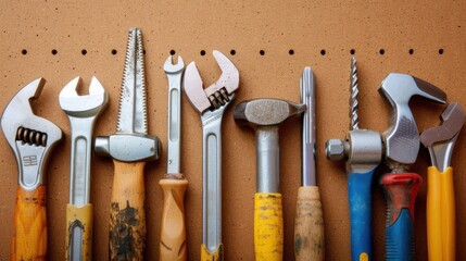 Hand Tools: Features tools like hammers, screwdrivers, wrenches, and pliers, typically stored in toolboxes or arranged on a pegboard for efficient organization.
