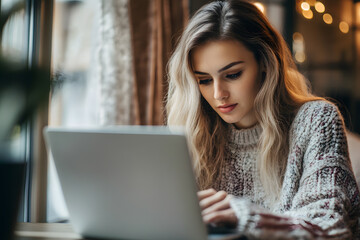 Young beautiful woman working laptop a modern workspace