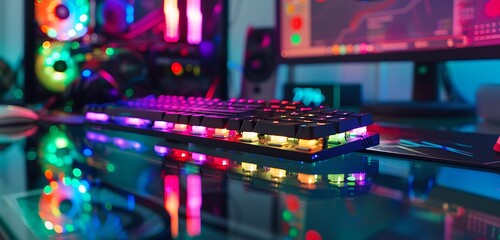 Close-up of RGB processor on glass desk, vibrant gaming room