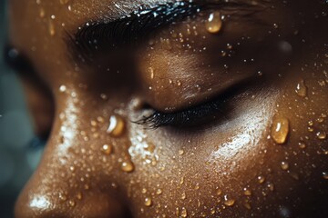 Fototapeta premium A close-up of a person's face with their eye closed, showing tiny droplets of water on their skin