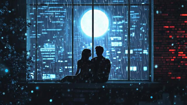 Silhouetted couple gazes at futuristic cityscape. Massive full moon illuminates skyscrapers. Rain particles and bokeh lights create dreamlike ambiance.	