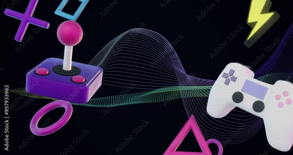 Poster retro joystick and modern game controller with abstract shapes and lines, animation