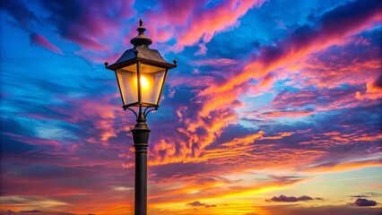 Streetlamp glowing in sunset with pink and blue skies