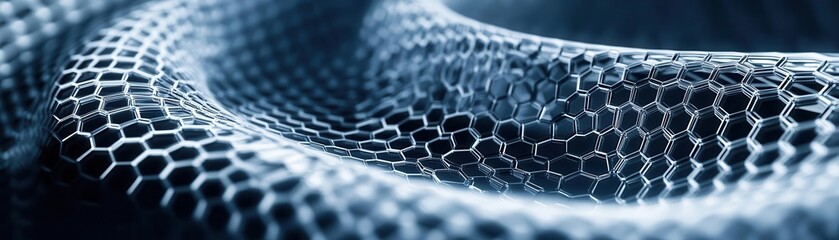 Naklejka premium Hexagonal grid vortex, 3D abstract forms, top view, dynamic geometry, sci-fi tone, monochromatic color scheme