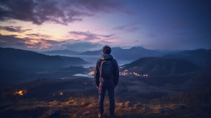 Fototapeta premium 山並みを眺める男性後ろ姿,Generative AI AI画像