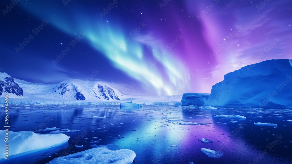 Wall mural aurora australis, blue and purple lights dancing in the night sky above the icy waters of antarctica