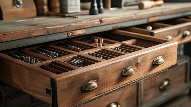 Workbench Accessories: Includes items like clamps, drill bits, and sandpaper for use with a workbench, typically stored in drawers or organized on pegboards.
