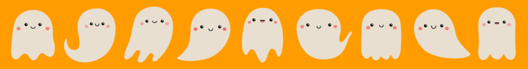 Flying ghost spirit icon set line banner. Happy Halloween. Cute cartoon kawaii funny spooky baby character. Scary white ghosts. Smiling face. Boo. Greeting card. Orange background. Flat design. Vector