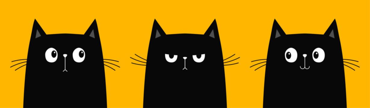 Black cat kitten kitty icon set. Cute kawaii cartoon character. Sad, angry, happy, surprised emotion. Valentines Day. Greeting card, banner, tshirt, sticker print. Yellow background Flat design Vector
