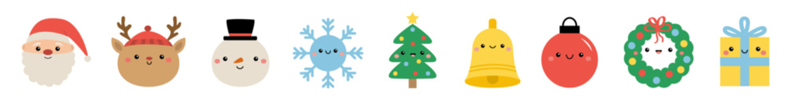 Christmas tree wreath, ball toy, Santa Claus, deer reindeer, snowman,gift box, bell ring, snowflake. Cute kawaii cartoon icon set. Funny face head. Childish style. Flat design. White background Vector