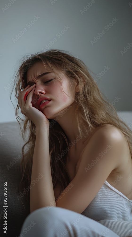 Wall mural A young woman with long blonde hair sits on a couch, looking tired and stressed, with her hand on her face.