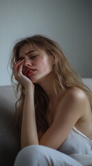 Naklejka premium A young woman with long blonde hair sits on a couch, looking tired and stressed, with her hand on her face.