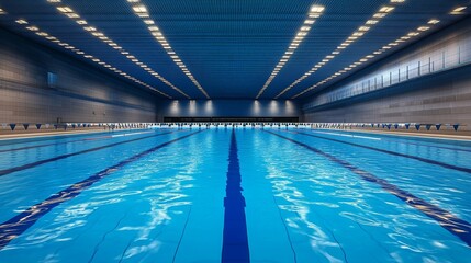Naklejka premium Olympic sized swimming pool. Interior swimming pool, stadium, event. Brightly lit, fresh water. 