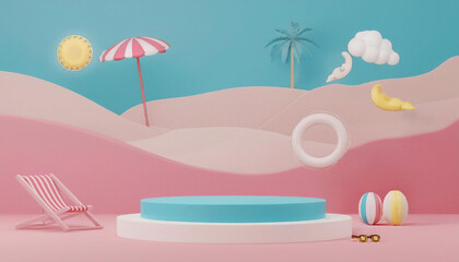 Obraz premium A 3D render of Abstract minimal display podium for showing products or cosmetic presentation with summer beach scene. Summer time season for vacation concept
