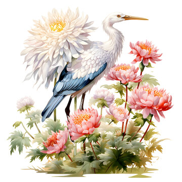 recommend clip art: Heron sitting in the middle of flower garden. Watercolor floral composition, clipart isolated. Invitation, card or wallpaper element. Textile design. 