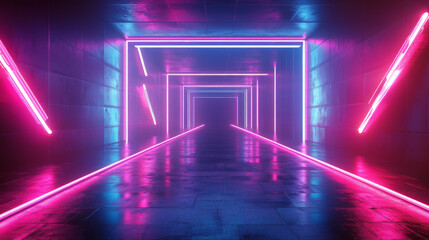 Fototapeta premium This high-quality photo features a 3D rendering of an abstract psychedelic background illuminated by vibrant neon lights and glowing lines. The scene is bathed in ultraviolet hues, creating a mesmeriz