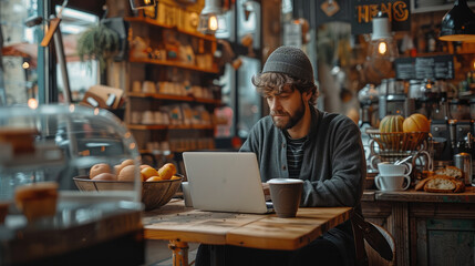 Fototapeta premium A man on a business trip or vacation takes a coffee break in a busy cafe, working on his laptop. Generative AI.