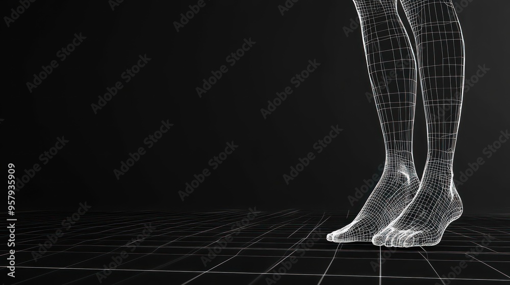 Canvas Prints Wireframe of a pair of feet standing on a grid floor against a black background.