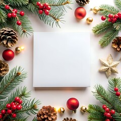 A festive Christmas background with a blank white card surrounded by pine branches. red berries. gold ornaments. and pine cones.