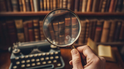 Detective Examining Mysterious Clue with Magnifying Glass Amidst Blurred Vintage Books and Typewriter