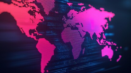 Obraz premium Cutting-Edge Futuristic Market Analysis: Holographic World Map Illuminated With Neon Glow on Dark Background, Selective Focus - Ultra HD