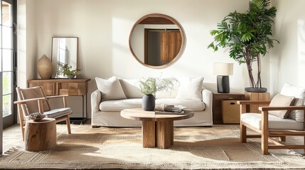 Contemporary Elegance: Minimalist Open Space with Wooden Desk, Sofa, and Sculptural Decor