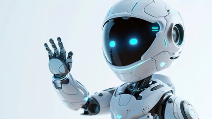 A futuristic robot with glowing features waves, embodying advanced technology and innovation in robotics and artificial intelligence.