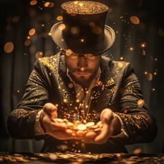 A magician in a top hat conjures sparkling coins, creating a mesmerizing scene of enchantment and mystery.