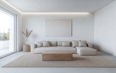 Luxury apartment interiors in neutral colors with minimalist furniture and natural lighting. Residential Real Estate interior design composition.