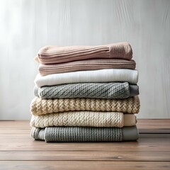 A stack of cozy knit sweaters in various neutral colors. perfect for a fall or winter fashion blog.