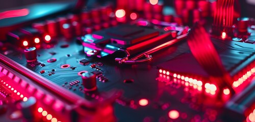 Close-up of RGB processor with red lights, elegant gaming room