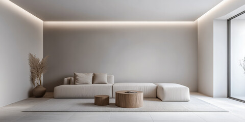 Luxury apartment interiors in neutral colors with minimalist furniture and natural lighting. Residential Real Estate interior design composition.