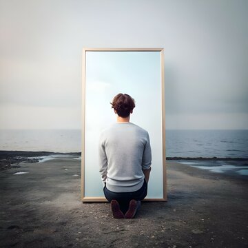 A man kneels before a large mirror. gazing into the reflection which shows a serene seascape.
