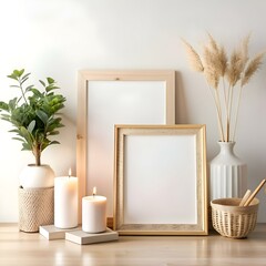 A stylish home décor mockup featuring two frames. candles. and natural elements.