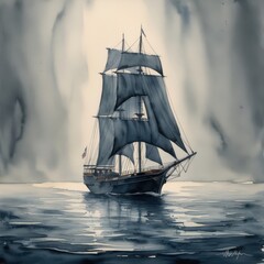 In the misty depths of the painting, a hauntingly beautiful shadowy envisioned satellite schooner sails silently through the ethereal waters. This watercolor masterpiece captures the 