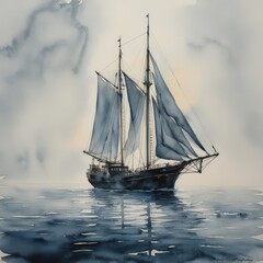 Fototapeta premium In the misty depths of the painting, a hauntingly beautiful shadowy envisioned satellite schooner sails silently through the ethereal waters. This watercolor masterpiece captures the 