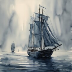 Fototapeta premium In the misty depths of the painting, a hauntingly beautiful shadowy envisioned satellite schooner sails silently through the ethereal waters. This watercolor masterpiece captures the 