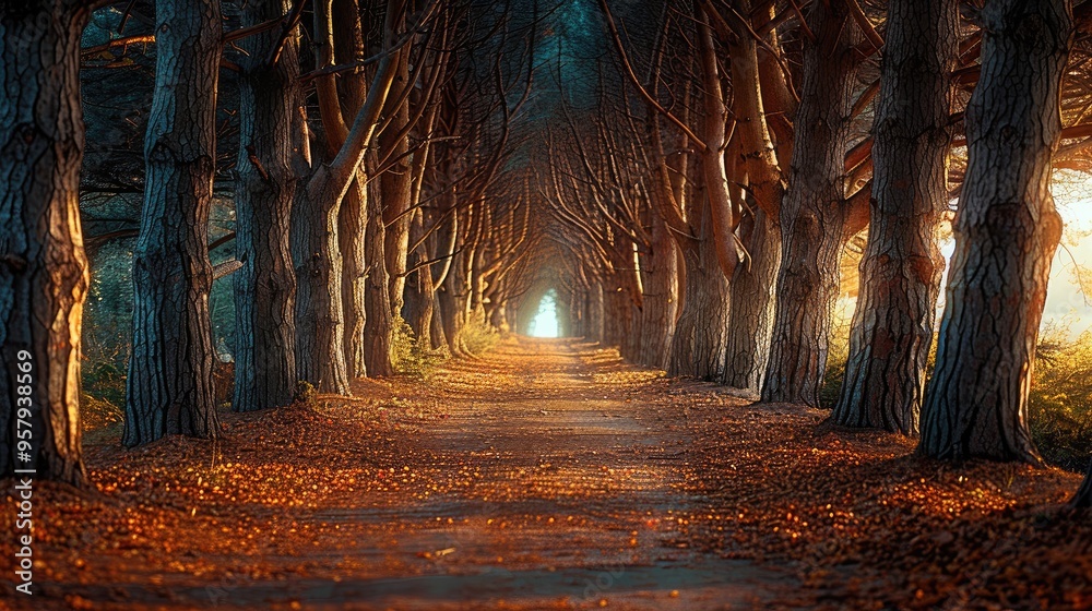 Poster A forest pathway lined with tall trees, with light filtering through the branches. Generative AI.
