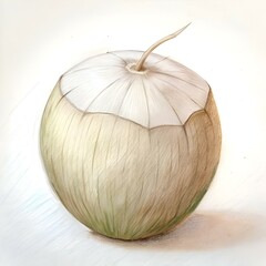 A hand drawn illustration of a single coconut with its husk partially removed.