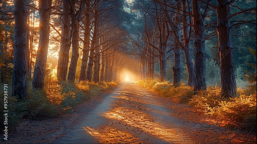 Poster A forest pathway lined with tall trees, with light filtering through the branches. Generative AI.