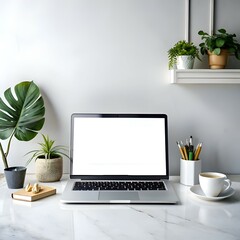 Clean and modern workspace with an open laptop. potted plants. and a cup of coffee.