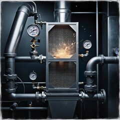 A gritty, high-contrast image of industrial filtration systems, specifically designed to reduce dust in the air, set against a dark, muted color palette with hints of metallic silver and deep blues